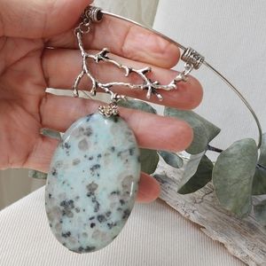 Large Natural Serpentine Stone Designer Necklace Silver Branch